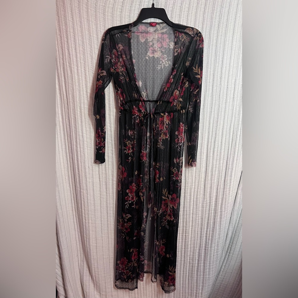 Guess Floral Mesh Tie-Front Duster with Pink Flowers